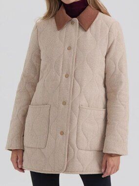 Ellen Tracy Women's Beige Chevron Quilted Coat with Contrast Collar Size L